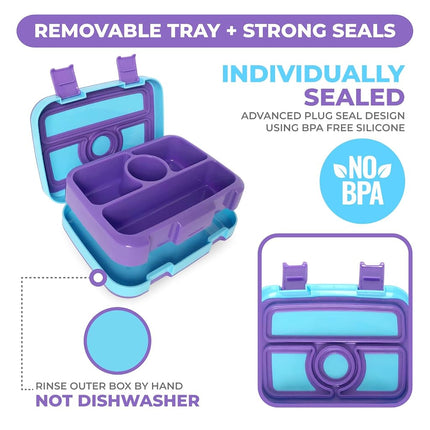 kinsho Bento Lunch Box for Kids Toddlers, 4 Portion Sections Secure Lid, Microwave Safe BPA Free Removable Tray, Pre-School Kid Daycare Lunches Snack Container Ages 3 to 5 Blue Purple