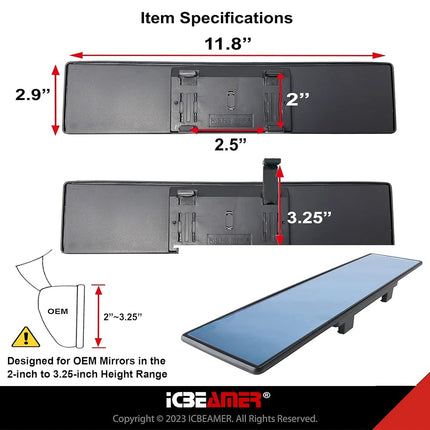 ICBEAMER 11.8" 300mm Easy Clip on Universal Fit Wide Angle Panoramic Auto Interior Rearview Mirror Flat Blue Surface