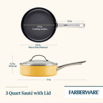 Sartén antiadherente Farberware Style con tapa, apta para lavavajillas, 2.8 litros - Amarillo