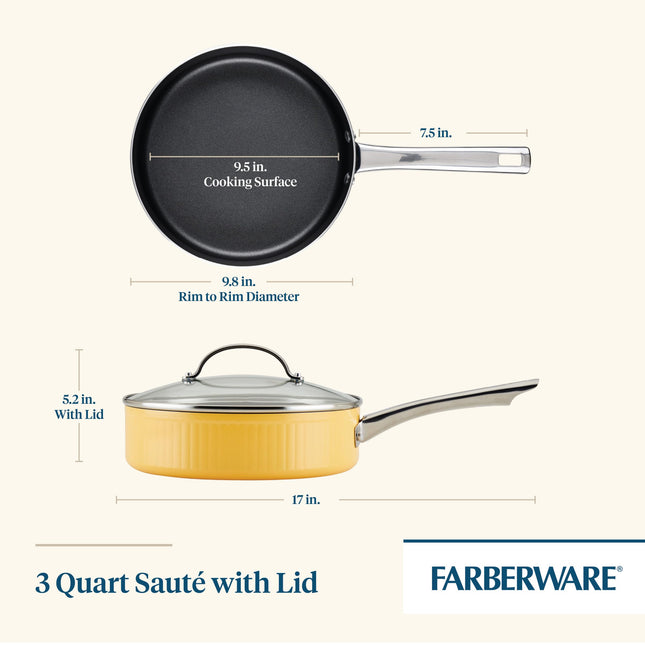 Sartén antiadherente Farberware Style con tapa, apta para lavavajillas, 2.8 litros - Amarillo