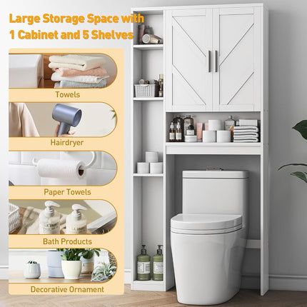 Armario de almacenamiento para encima del inodoro con 7 estantes de almacenamiento, organizador de baño para encima del inodoro con soporte para papel higiénico, armario detrás del inodoro, ahorro de espacio para el baño, la lavandería, blanco