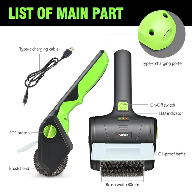 DNA MOTORING TOOLS-00219 Cordless Electric Grill Cleaning Scrub Brush Rechargeable with Type-C Charge Cord,Green/Black