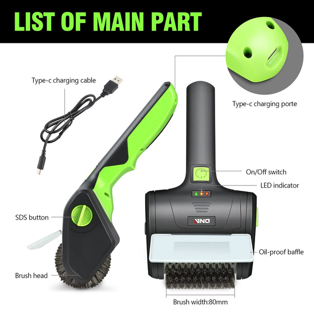 DNA MOTORING TOOLS-00219 Brosse de nettoyage électrique sans fil pour barbecue rechargeable avec cordon de charge Type-C, vert/noir