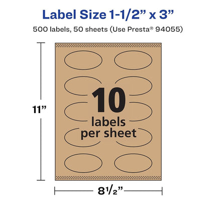 Avery Kraft Brown Oval Labels with Sure Feed, 1.5" x 3", 500 Kraft Brown Labels, Print-to-The-Edge, Laser/Inkjet Printable Labels