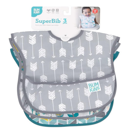 Bumkins SuperBib, Adjustable Hook & Loop Closure, Catch-All Pocket, Baby-Led Weaning, Waterproof, Machine Washable, Stain & Odour Resistant, BPA Free, 6-24 Months, 3-Pack, Arrows, Feather, Quill