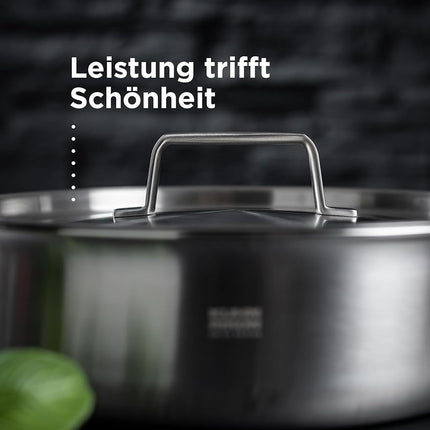 KUHN RIKON Olla baja de cinco capas Culinary, 24 cm/3 L, apta para horno con tapa de acero inoxidable. Cacerolas de inducción. Garantía de utensilios de cocina aptos para lavavajillas.