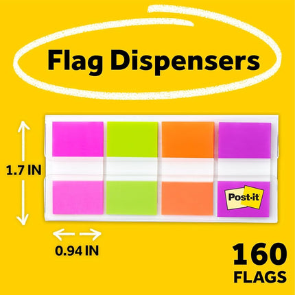 Post-it Flags with On-the-Go Dispenser, Assorted Bright Colors, 1-Inch Wide, 80/Dispenser, 2-Dispensers/Pack,053200020156