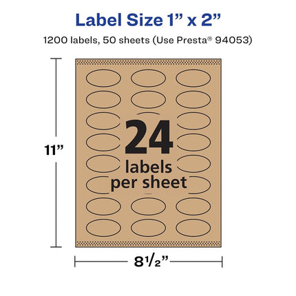 Étiquettes ovales Avery Kraft Marron avec Sure Feed, 2,5 cm x 5 cm, 1 200 étiquettes kraft marron, imprimables jusqu'au bord, compatibles imprimantes laser/jet d'encre
