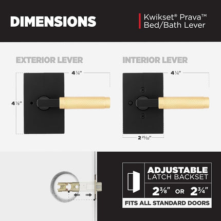 Kwikset Prava Interior Privacy Door Handle with Lock, Door Lever for Bathroom and Bedroom, Matte Black and Satin Brass, Reversible Keyless Push Button Lock Door Lever, with Microban Protection