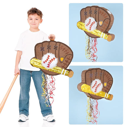 WERNNSAI Baseball Piñata - Baseball Piñata Bundle with Blindfold and Bat Sports Birthday Party Decorations for Boys Kids Pull String Baseball Gloves Piñata Family Games Baseball Party Supplies