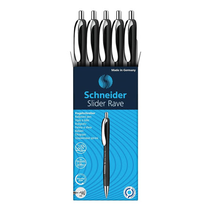 Schneider® Limited Edition Slider Rave Black, XB (Extra Broad) Ballpoint Pen, Refillable + Retractable, 1.4 mm, Black Barrel, Blue Ink, Box of 5 Pens (132511)
