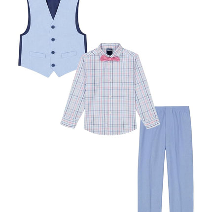 Izod Boy's 4-Piece Set with Collared Dress Shirt, Tie, Vest, and Pants Business Suit, mid-Blue, 12