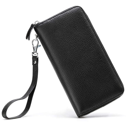 Moflycom Cartera de Mujer RFID Bloqueo de Cuero Genuino con Cremallera, Cartera de Mano con Correa de Muñeca, Cartera Larga de Viaje para Mujer, Negro, L, Cartera RFID