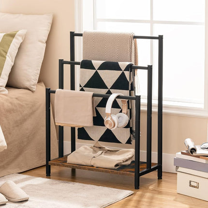 HOOBRO Free Standing Towel Rack, 3 Tier Blanket Rack, Blanket Holder for Bathroom, 23.6" L x 11" W x 31.9" H, Industrial Metal Drying and Display Rack with Shelf, Rustic Brown and Black BF06LB01