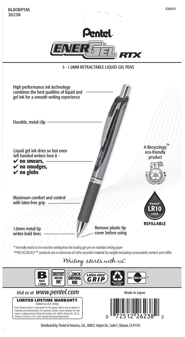 Pentel Energel Rtx Retractable Liquid Gel Pen, Bold Line, Metal Tip, Assorted Ink Pack of 5 (BL80BP5M)