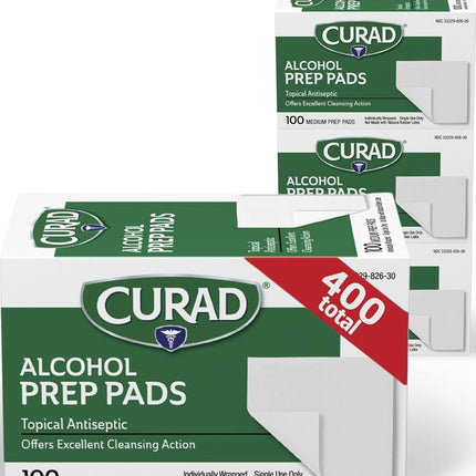 Tampons imbibés d'alcool Curad, lingettes antiseptiques, 400 unités, tampons stériles de taille moyenne, emballés individuellement - Idéal pour la préparation cutanée avant injection