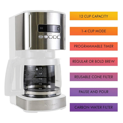 Kenmore 12 Cup Drip Coffee Maker - 1.8L Programmable Coffee Machine With Glass Pot, Regular & Bold Brew, Auto Shut Off Large Water Reservoir, Reusable Filter, Kitchen Appliances For Cafeteria, White