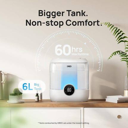 DREO 6L Humidifiers for Bedroom, Quiet Supersized Cool Mist Ultrasonic Humidifier with Diffuser, 60 Hour Runtime for Home, Nursery, Plant, White