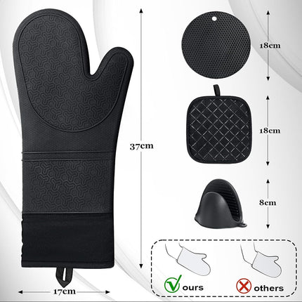 Funnydin Oven Mitts and Pot Holders Sets, 8pcs Pot Holders and Oven Mitts Heat Resistant, Kitchen Non-Slip Silicone Oven Mitts with Soft Cotton Lining, 14.5" Extra Long Oven Gloves for Cooking, Black