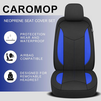 CAROMOP Neoprene Car Seat Cover 2 Front Seats, Waterproof Seat Covers for Cars, Universal Fit for Most Car Interior Covers-Sedan Truck SUV(Black/Blue)
