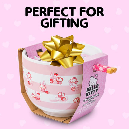 Silver Buffalo Hello Kitty Strawberry Drink Bottle Pink Stripe Ceramic Ramen Noodle Bowl with Chopsticks, Microwave Safe, 20 Ounces