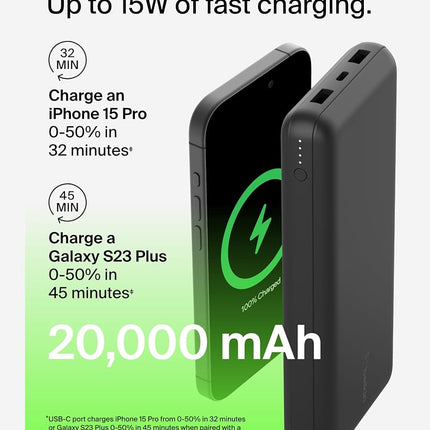 Belkin Power Bank 20K USB A and C Portable Battery Pack, 15W Black Phone Charger