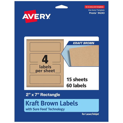 Avery Kraft Brown Rectangle Labels with Sure Feed, 2" x 7", 60 Kraft Brown Labels, Print-to-The-Edge, Laser/Inkjet Printable Labels