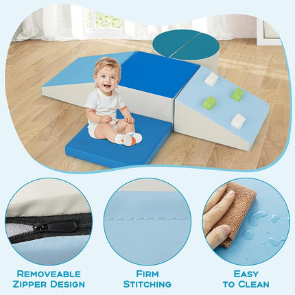 OLAKIDS Climbing Toys for Toddlers, 6 Pieces Baby Foam Blocks Soft Play Set with PU Leather, Indoor Kids Climb and Crawl Sliding Activity Structure Gym Playground Climber (Azure)