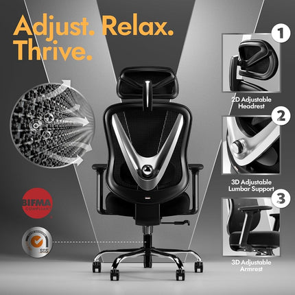HOLLUDLE Ergonomic Mesh Office Chair - 3D Adjustable Lumbar Support, 3D Armrests, V-Shaped Back | Adjustable Desk Chair for Office & Home, Black