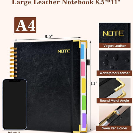 Hardcover Large Spiral Notebook 8.5" x 11" with Removable Dividers Tabs, 300 Pages Leather 5 Subject Notebook College Ruled, A4 Journal for Women Men, Notebooks for Work School Note taking,Black