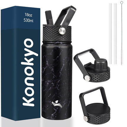 Konokyo Insulated Water Bottle with Straw,18oz 3 Lids Metal Bottles Stainless Steel Water Flask,Marble Midnight