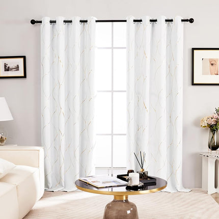 Deconovo Silver or Gold Wave Print Blackout Curtains - Thermal Insulated & Noise?Reducing Grommet Drapes for Bedroom & Living Room?Greyish White/Line?52W x 108L?2 Panels