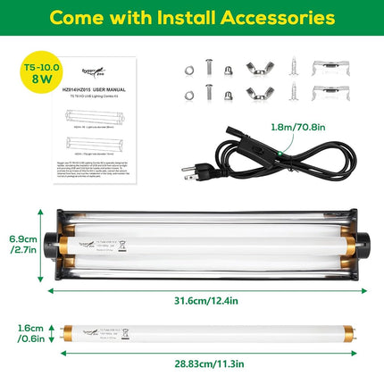 T5 UVB Reptile Light Fixture HO UVB Bulb Lighting Combo Kit, 10.0 UVB Light for Reptiles Terrarium Hood with 8W Reptile Light Bar UVA UVB Desert Lamp for Bearded Dragon Turtle Tank, 12 Inch