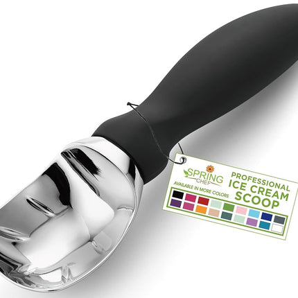 Cuillère à glace robuste Spring Chef avec manche confortable, cuillère à glace professionnelle en métal, ustensile de cuisine lavable au lave-vaisselle, cuillère à glace pour le gelato, le sorbet, la pâte à biscuits - Noir