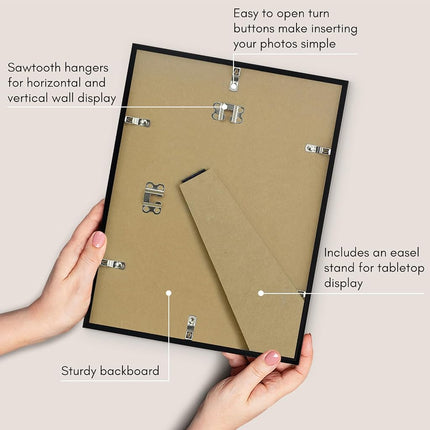 Americanflat 9x12 Picture Frame with Shatter-Resistant Glass - Streamline Collection - Thin Border Photo Frame for Tabletop and Wall Display - Hanging Hardware and Easel Stand Included - Black