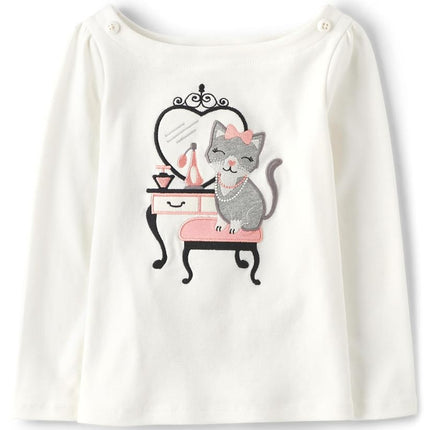 Gymboree Girls' and Toddler Embroided Graphic Long Sleeve T-Shirts, Vanity White, 12-18 Months