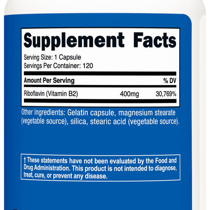 Nutricost Vitamina B2 (Riboflavina) 400 mg, 120 Cápsulas - Sin Gluten, Sin OMG, Aumento de Energía, Calidad Premium