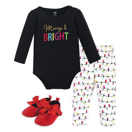 Hudson Baby Baby Cotton Bodysuit, Pant and Shoe Set, Merry & Bright, 12-18 Months