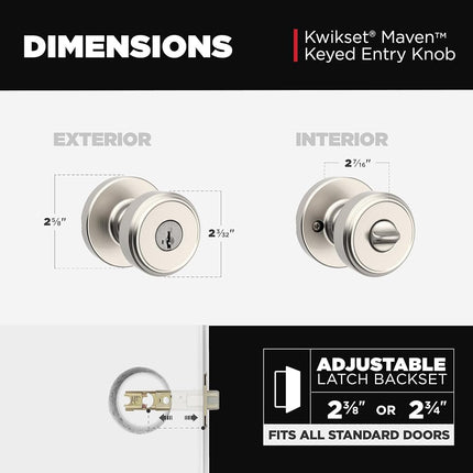 Kwikset Maven Entry Door Knob with Lock and Key, Secure Keyed Handle Exterior, Front Entrance and Bedroom, Satin Nickel, Pick Resistant SmartKey Rekey Security and Microban