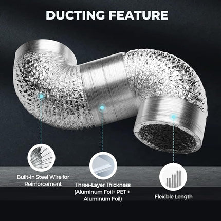 Simple Deluxe 6 Inch 16 Feet Ducting, Non-Insulated Flex Air Aluminum Foil Duct for Dryer Vent Hose, Heating, Cooling, Ventilation, Exhaust, 2 Clamps Included, Silver