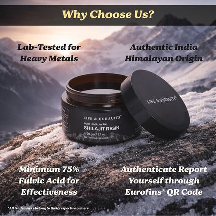 Life & Pursuits Pure Authentic Himalayan Shilajit Resin | Min. 75% Fulvic Acid, Lab Tested, Natural Gold Grade, 85+ Trace Minerals | 30 gm (Pack of 2)