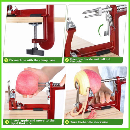 Apple Peeler Corer, Long lasting Chrome Cast Magnesium Alloy Apple Peeler Slicer Corer with Stainless Steel Blades and Powerful Clamp Base for Apples and Potato(Deep Red)