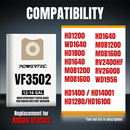POWERTEC 23743 VF3502 Size A Shop Vac Bags for Ridgid 2 Pack, 12-16 Gal. Vacuum Bags for Ridgid HD1200, HD1400 Wet Dry Vac (75002)