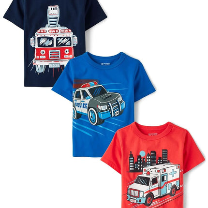 The Children's Place Baby and Toddler Boys' Vehicle Short Sleeve Graphic T-Shirts, Multipack, Fire Truck/Police Car/Ambulance, 18-24 Months