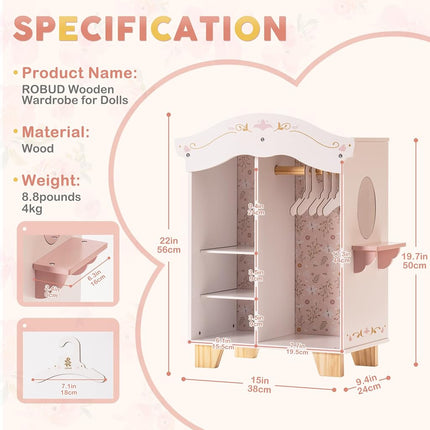 ROBUD Wooden Dolls Wardrobe for Girls with Mirror, 18-20 Inch Doll Clothes
