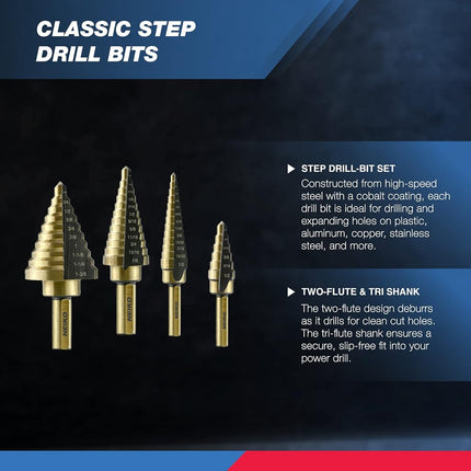 NEIKO 10169A Step Drill Bit Set and Automatic Center Punch | 5 Piece, 41 SAE Sizes Total, 1/8” – 1-3/8” | Titanium High Speed Steel Unibit, Stepper Cone Drill Bit | Two Flute Step Down Bits