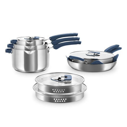 Batterie de cuisine 10 pièces en acier inoxydable antiadhésif Zakarian by Dash TruPro® avec couvercles à égoutter - Bleu