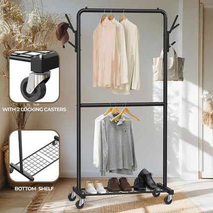 Simple Houseware 100-cm Double Rod Clothes Rack with Wheels, Hooks & Shelf