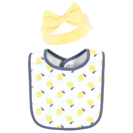 Hudson Baby Unisex Baby Cotton Bib and Headband or Caps Set, Navy Lemon, One Size