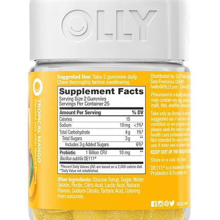 OLLY Probiotic Gummy, 25 Day Supply (50 Gummies), Tropical Mango, Probiotics, Live Cultures, Chewable Supplement